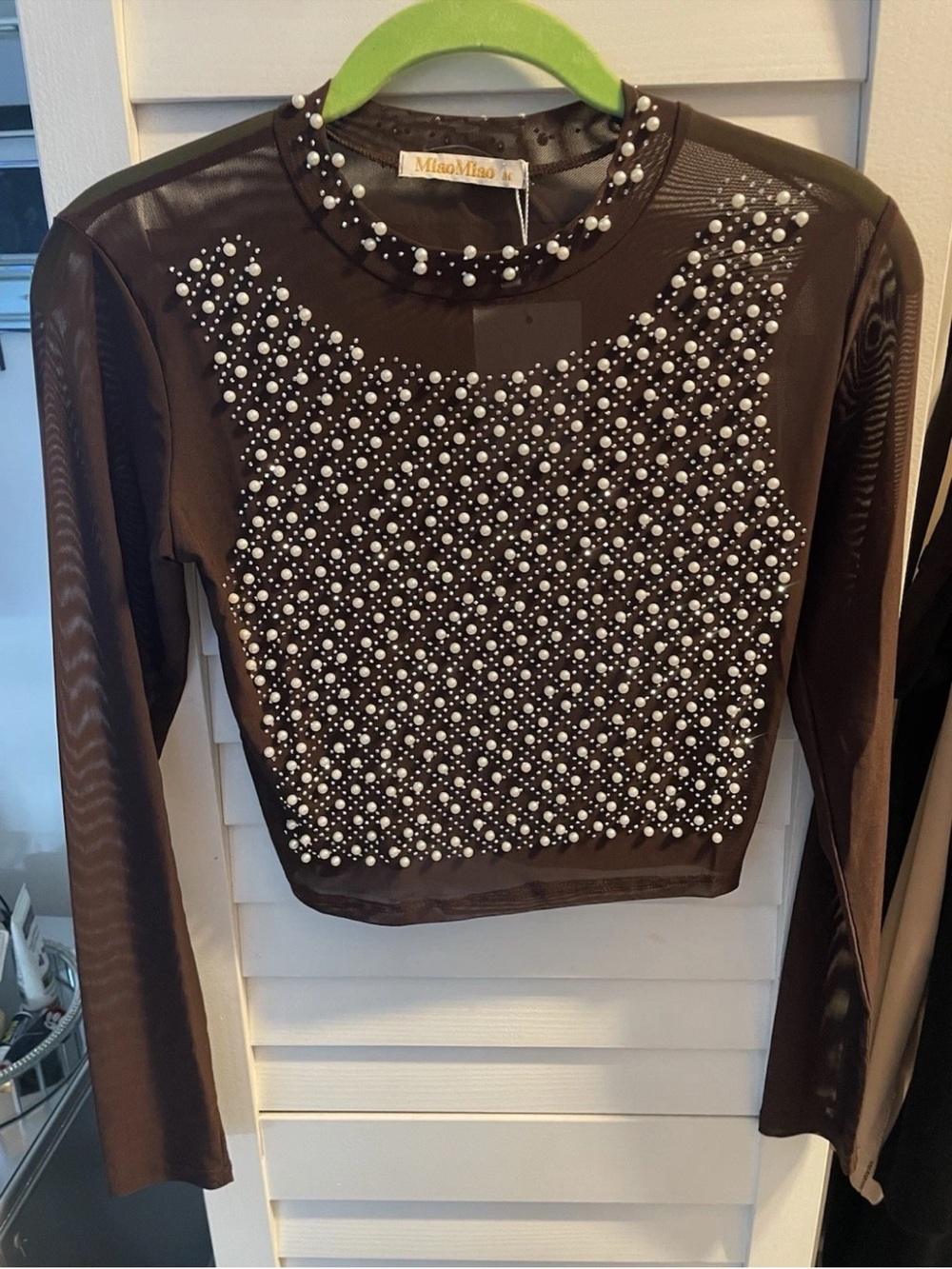 Stunning Chocolate Brown Pearl & Rhinestone Mesh Long-Sleeve crop Top size Med